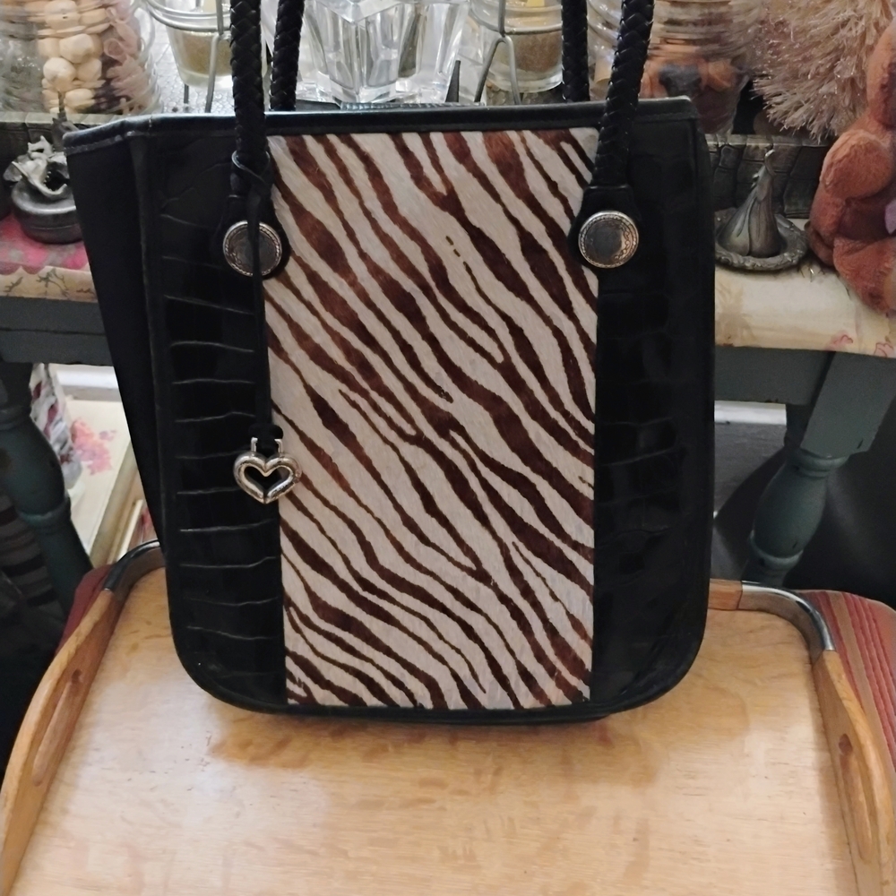 Black Tote Bag with Brown and White Zebra Panel